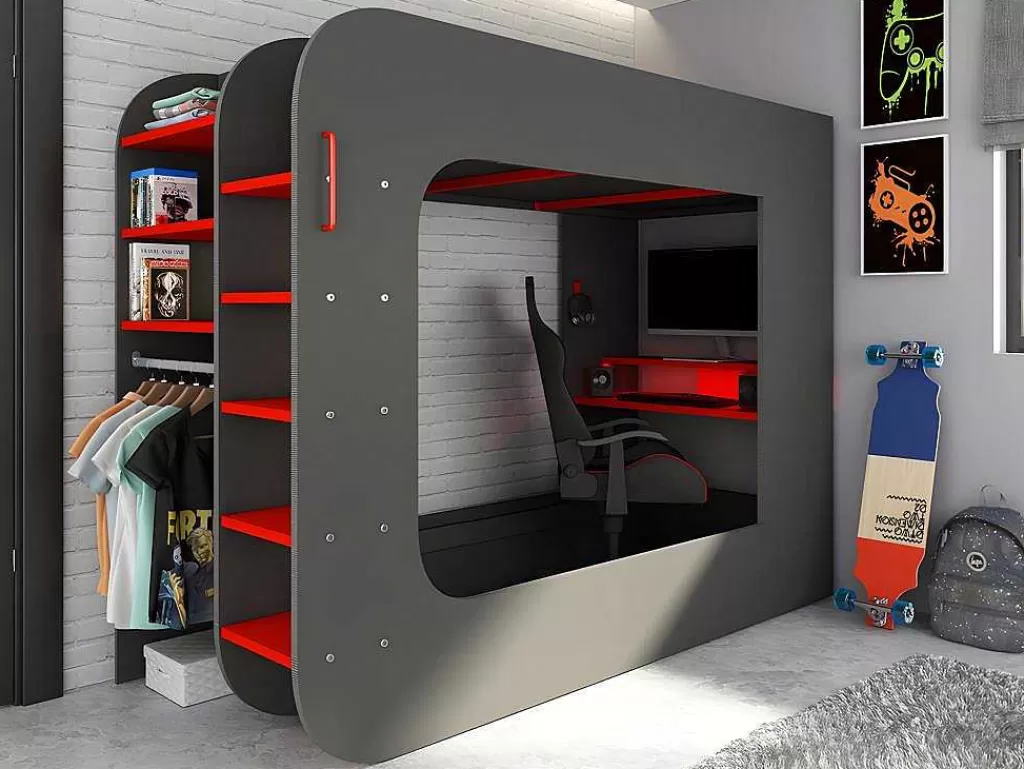 Cama Alta*Vente-unique Cama Alta Gamer 90 X 200 Cm Com Secretária, Espacos De Arrumação E Leds Cor Antracite E Vermelho + Colchão - Warrior