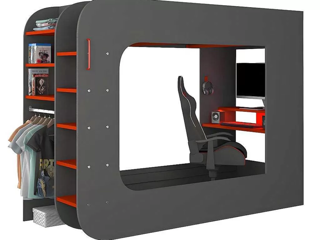 Cama Alta*Vente-unique Cama Alta Gamer 90 X 200 Cm Com Secretária, Espacos De Arrumação E Leds Cor Antracite E Vermelho + Colchão - Warrior