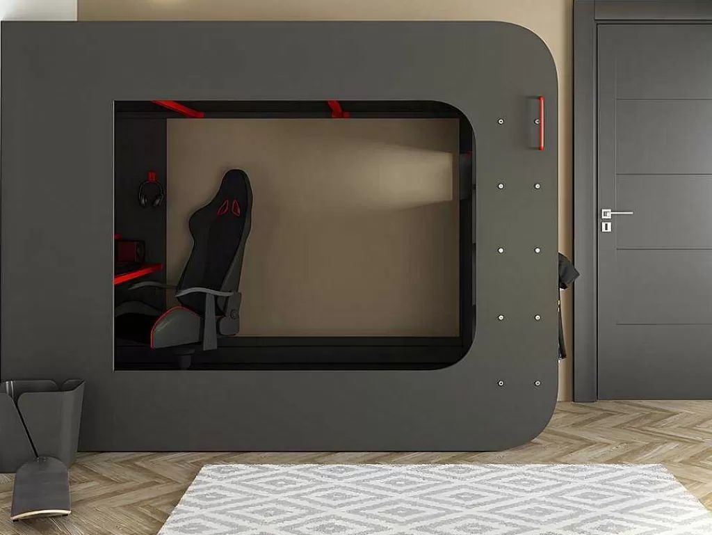 Cama Alta*Vente-unique Cama Alta Gamer 90 X 200 Cm Com Secretária, Espacos De Arrumação E Leds Cor Antracite E Vermelho + Colchão - Warrior
