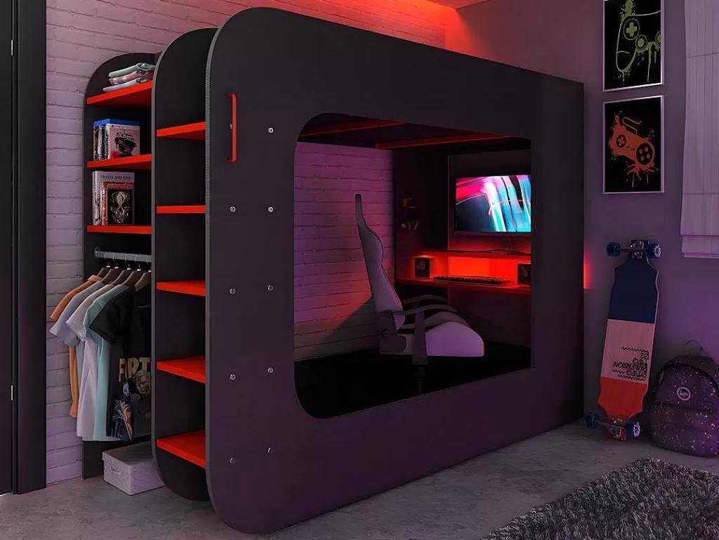 Cama Alta*Vente-unique Cama Alta Gamer 90 X 200 Cm Com Secretária, Espacos De Arrumação E Leds Cor Antracite E Vermelho - Warrior