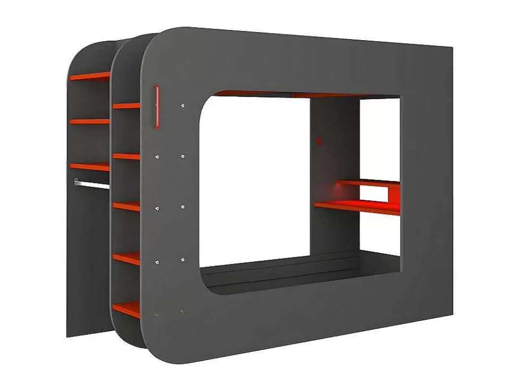 Cama Alta*Vente-unique Cama Alta Gamer 90 X 200 Cm Com Secretária, Espacos De Arrumação E Leds Cor Antracite E Vermelho - Warrior