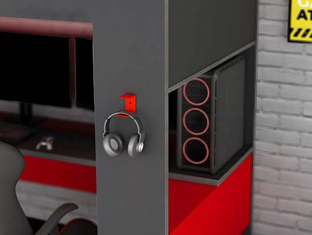 Cama Alta*Vente-unique Cama Alta Gamer Com Secretária E Espacos De Arrumação Integrados De 90 X 200 Cm Com Leds Cor Antracite E Vermelho + Colchão - Noah
