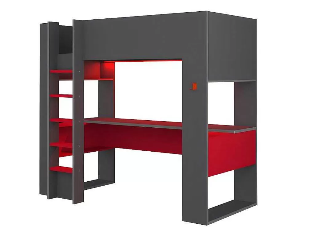 Cama Alta*Vente-unique Cama Alta Gamer Com Secretária E Espacos De Arrumação Integrados De 90 X 200 Cm Com Leds Cor Antracite E Vermelho + Colchão - Noah