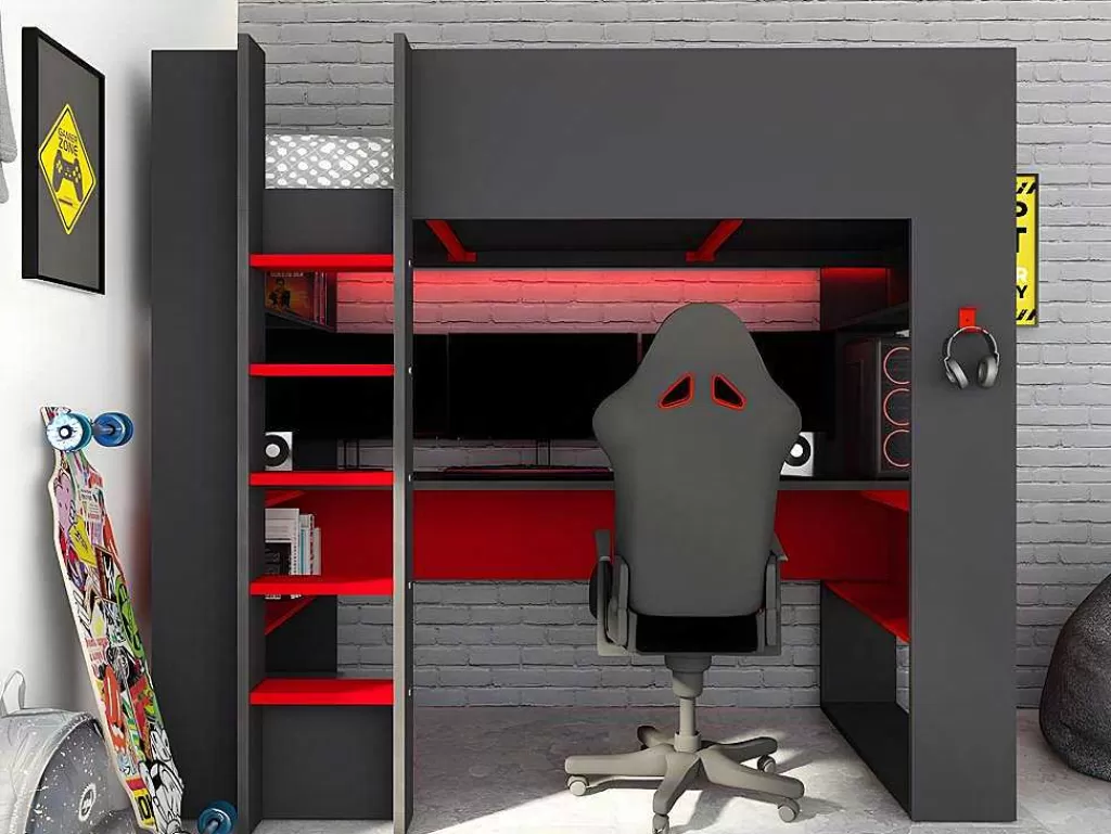 Cama De Criança*Vente-unique Cama Alta Gamer Com Secretária E Espacos De Arrumação Integrados De 90 X 200 Cm Com Leds Cor Antracite E Vermelho - Noah