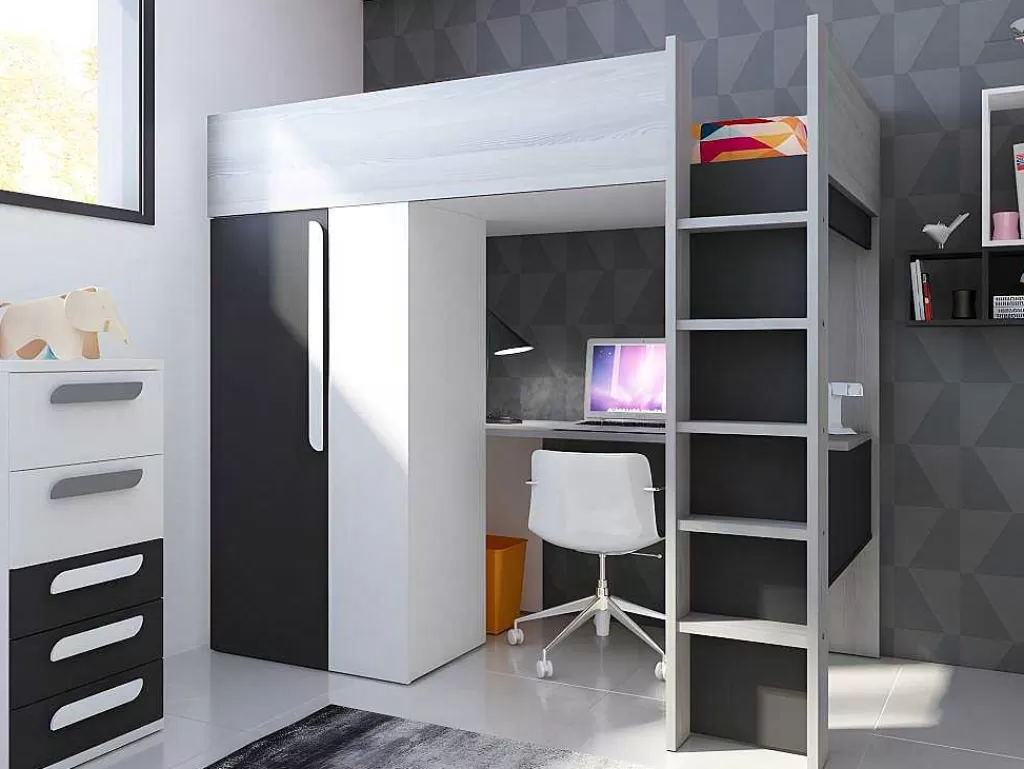Cama Alta*Vente-unique Cama Alta Ii 90 X 200 Cm Com Guarda-Roupa E Secretária Cor Antracite E Branco + Colchão - Nicolas