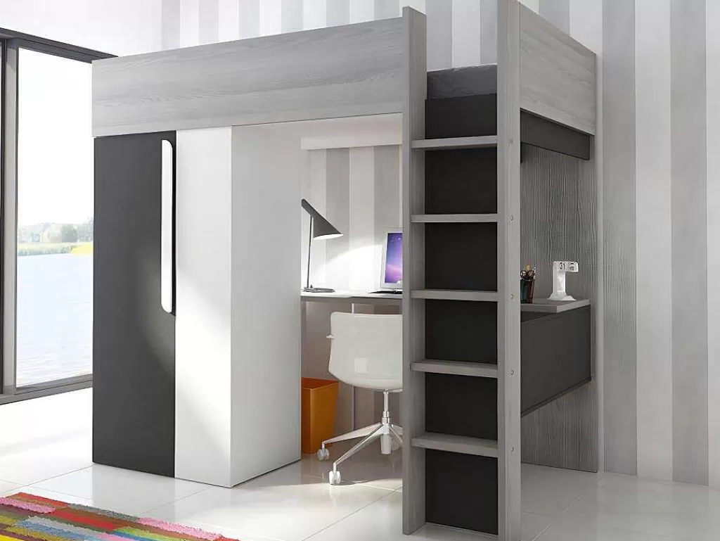 Cama Alta*Vente-unique Cama Alta Ii 90 X 200 Cm Com Guarda-Roupa E Secretária Cor Antracite E Branco + Colchão - Nicolas
