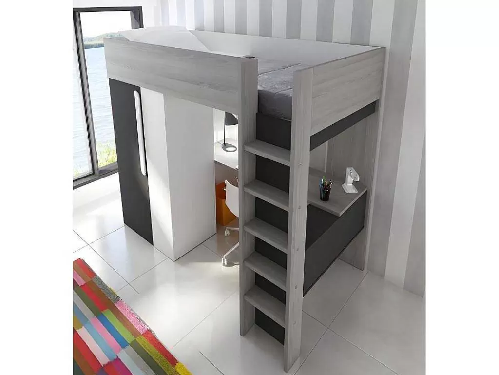 Cama Alta*Vente-unique Cama Alta Ii 90 X 200 Cm Com Guarda-Roupa E Secretária Cor Antracite E Branco + Colchão - Nicolas