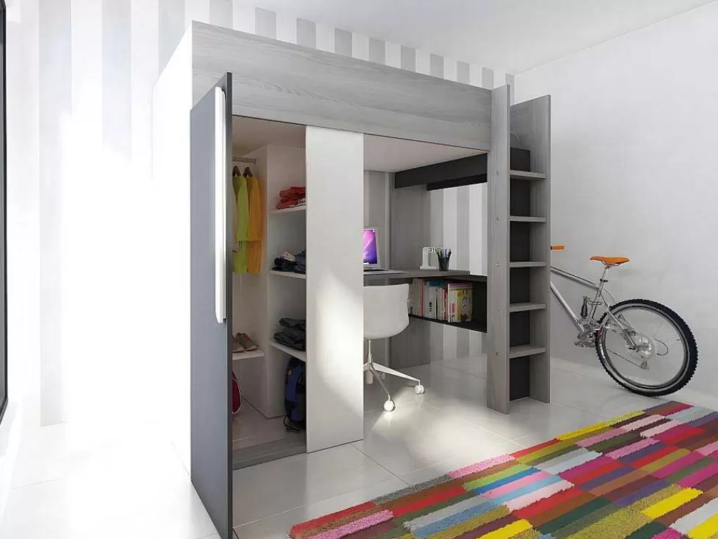 Cama Alta*Vente-unique Cama Alta Ii 90 X 200 Cm Com Guarda-Roupa E Secretária Cor Antracite E Branco + Colchão - Nicolas
