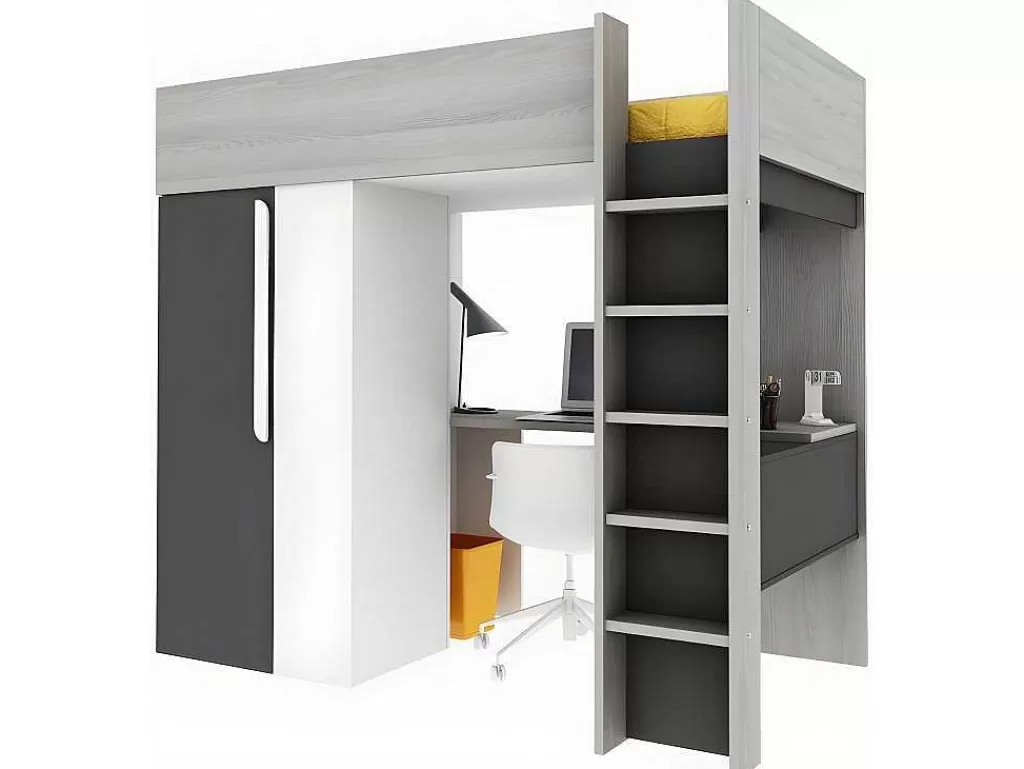 Cama Alta*Vente-unique Cama Alta Ii 90 X 200 Cm Com Guarda-Roupa E Secretária Cor Antracite E Branco + Colchão - Nicolas