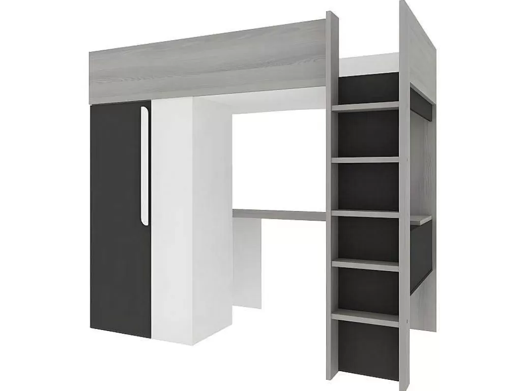 Cama Alta*Vente-unique Cama Alta Ii 90 X 200 Cm Com Guarda-Roupa E Secretária Cor Antracite E Branco + Colchão - Nicolas