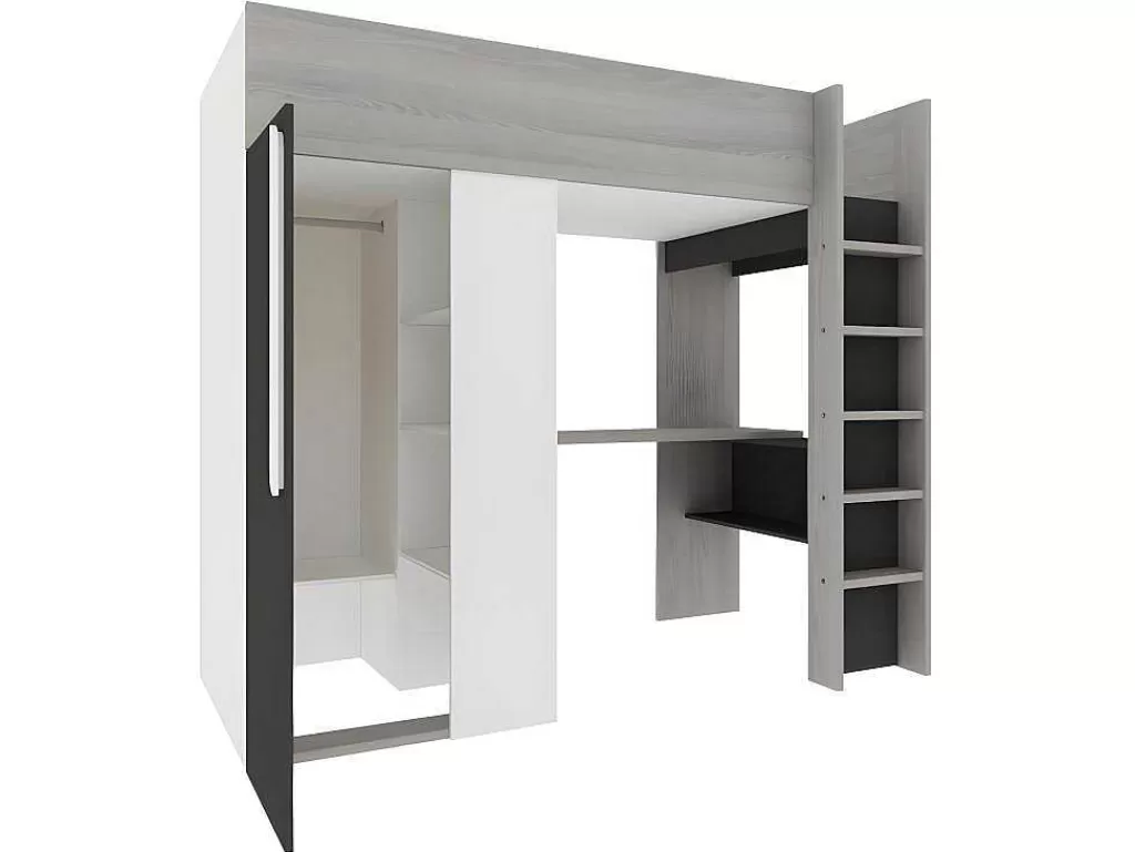 Cama Alta*Vente-unique Cama Alta Ii 90 X 200 Cm Com Guarda-Roupa E Secretária Cor Antracite E Branco + Colchão - Nicolas