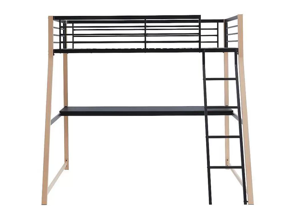 Cama Alta*Vente-unique Cama Alta Malicia - 90 X 190 Cm - Secretária Integrada - Preto E Cor Carvalho + Colchão