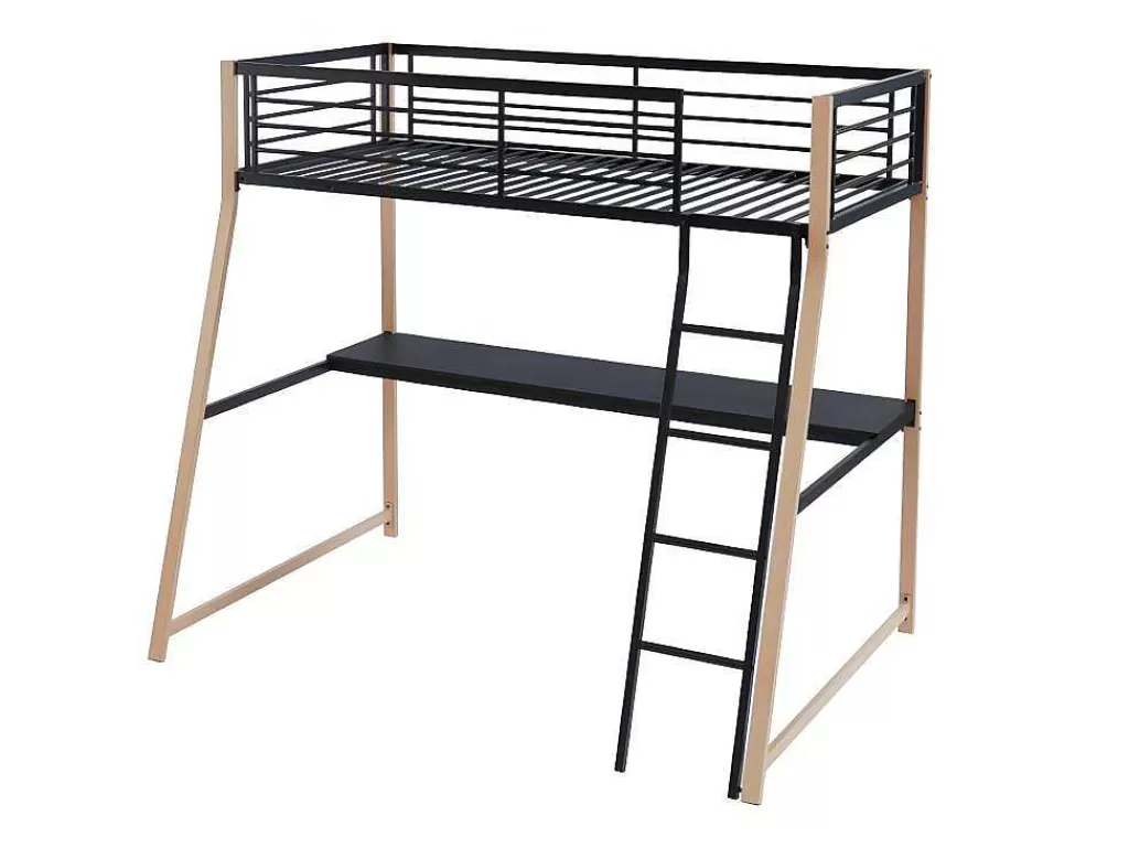 Cama Alta*Vente-unique Cama Alta Malicia - 90 X 190 Cm - Secretária Integrada - Preto E Cor Carvalho + Colchão