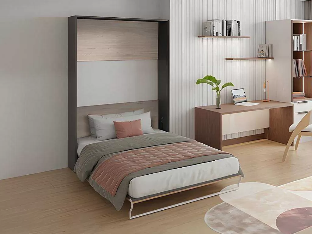 Cama Rebatível*Vente-unique Cama Articulada Rebatível 140 X 200 Cm Abertura Vertical Manual, Cor Natural E Antracite + Colchão - Malina Ii