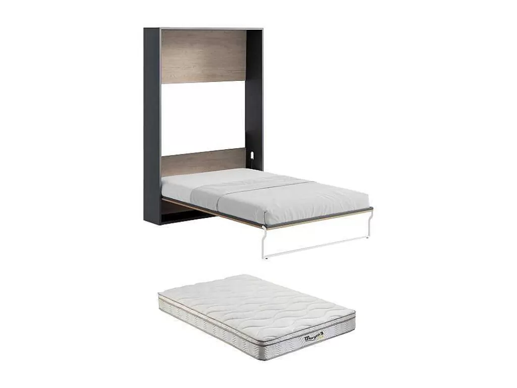 Cama Rebatível*Vente-unique Cama Articulada Rebatível 140 X 200 Cm Abertura Vertical Manual, Cor Natural E Antracite + Colchão - Malina Ii