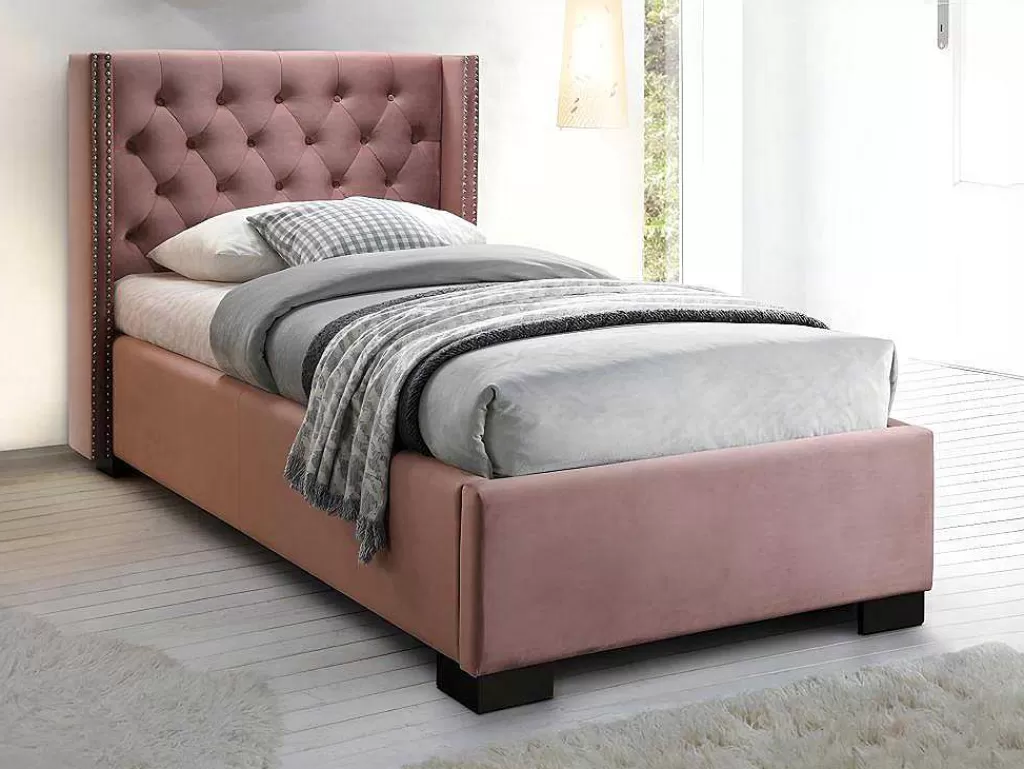 Cama Em Veludo*Vente-unique Cama Cabeceira Acolchoada De 90X200 Cm Em Veludo Cor-De-Rosa - Massimo