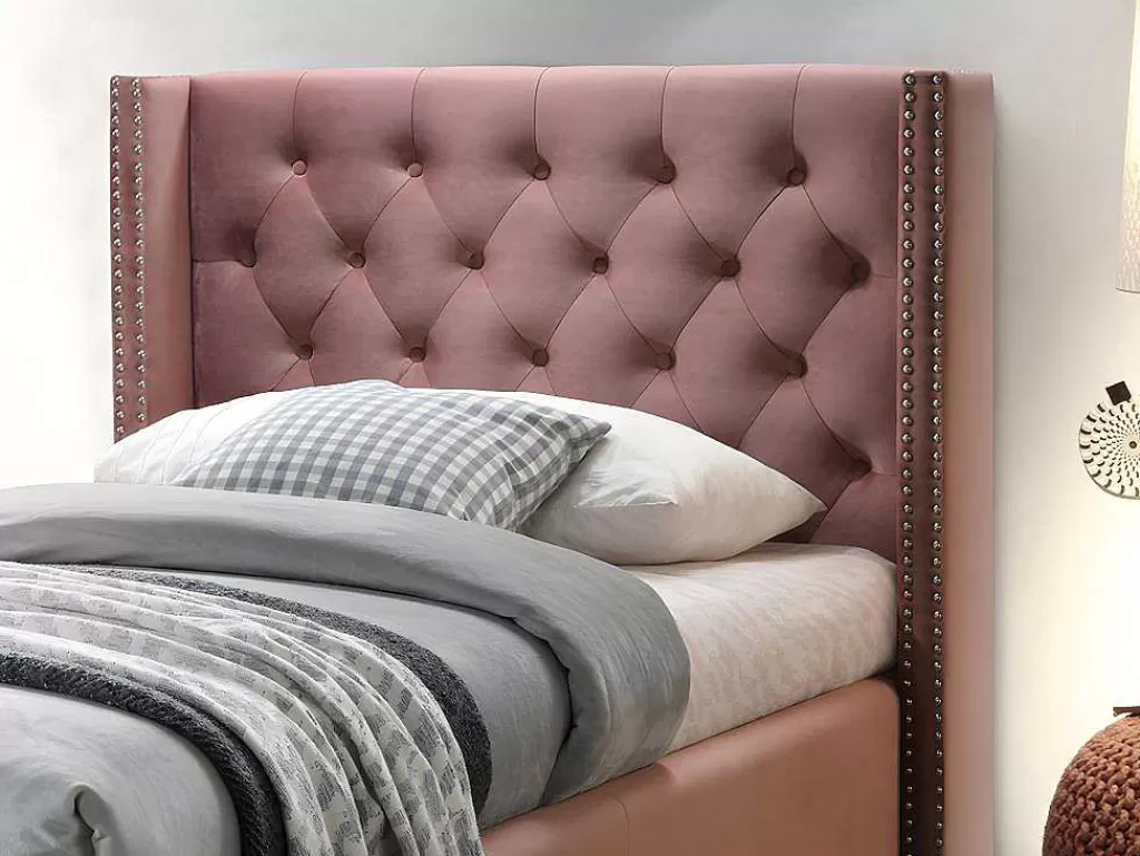Cama Em Veludo*Vente-unique Cama Cabeceira Acolchoada De 90X200 Cm Em Veludo Cor-De-Rosa - Massimo