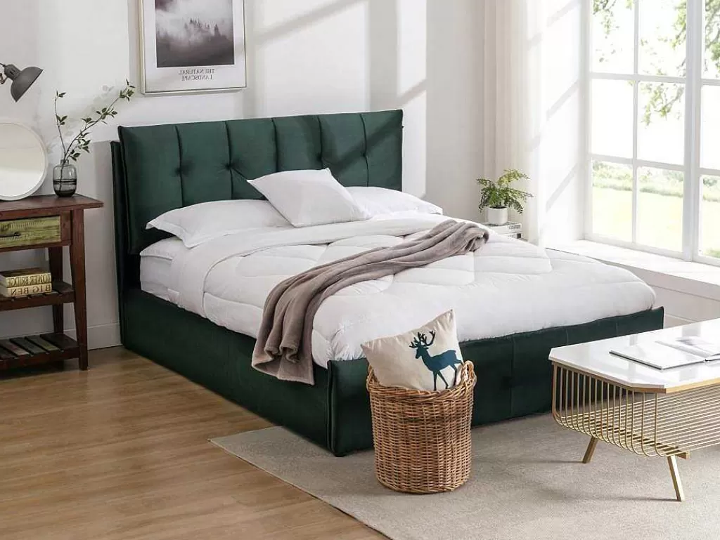 Cama Em Veludo*Vente-unique Cama Com Arrumação 140 X 200 Cm Veludo Verde - Oleria