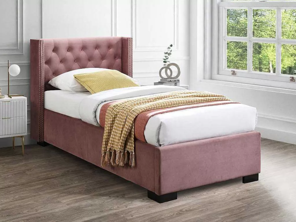 Cama Com Arrumação*Vente-unique Cama Com Arrumação 90 X 200 Cm E Cabeceira Estofada, Veludo Cor-De-Rosa - Massimo