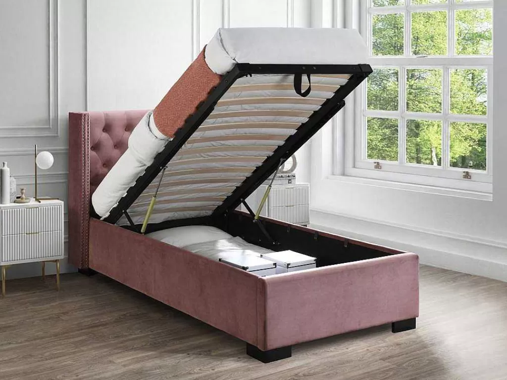 Cama Com Arrumação*Vente-unique Cama Com Arrumação 90 X 200 Cm E Cabeceira Estofada, Veludo Cor-De-Rosa - Massimo