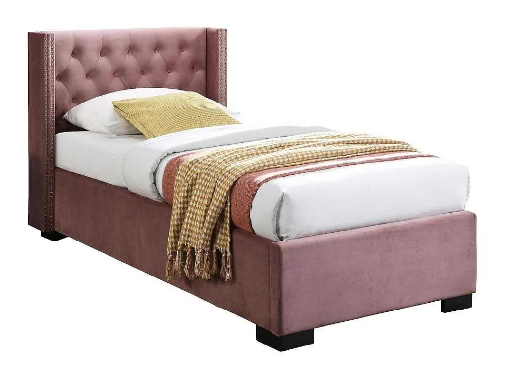 Cama Com Arrumação*Vente-unique Cama Com Arrumação 90 X 200 Cm E Cabeceira Estofada, Veludo Cor-De-Rosa - Massimo