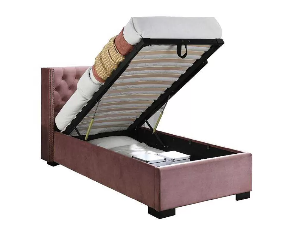 Cama Com Arrumação*Vente-unique Cama Com Arrumação 90 X 200 Cm E Cabeceira Estofada, Veludo Cor-De-Rosa - Massimo