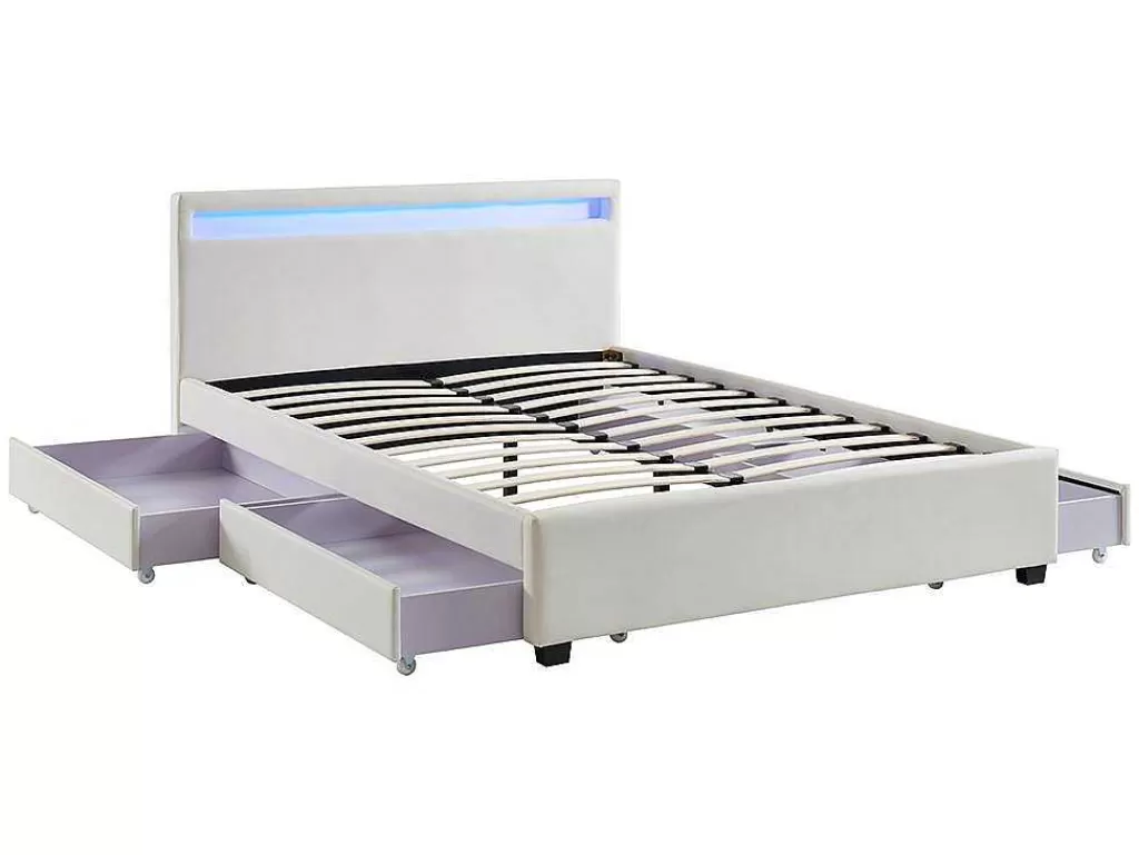 Cama Com Arrumação*Vente-unique Cama Com Arrumação De 140X190Cm Em Pele Sintética Branca Com Leds - Alois