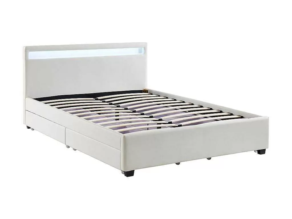 Cama Com Arrumação*Vente-unique Cama Com Arrumação De 140X190Cm Em Pele Sintética Branca Com Leds - Alois
