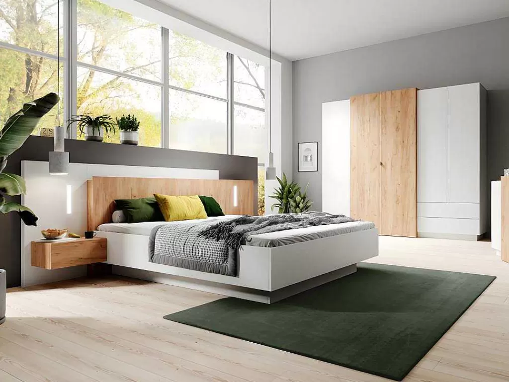 Cama De Adulto*Vente-unique Cama Com Arrumação E Mesas De Cabeceira 160 X 200 Cm, 2 Gavetas, Com Leds, Branco E Natural + Colchão - Francoli