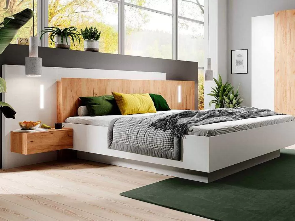 Cama De Adulto*Vente-unique Cama Com Arrumação E Mesas De Cabeceira 160 X 200 Cm, 2 Gavetas, Com Leds, Branco E Natural + Colchão - Francoli