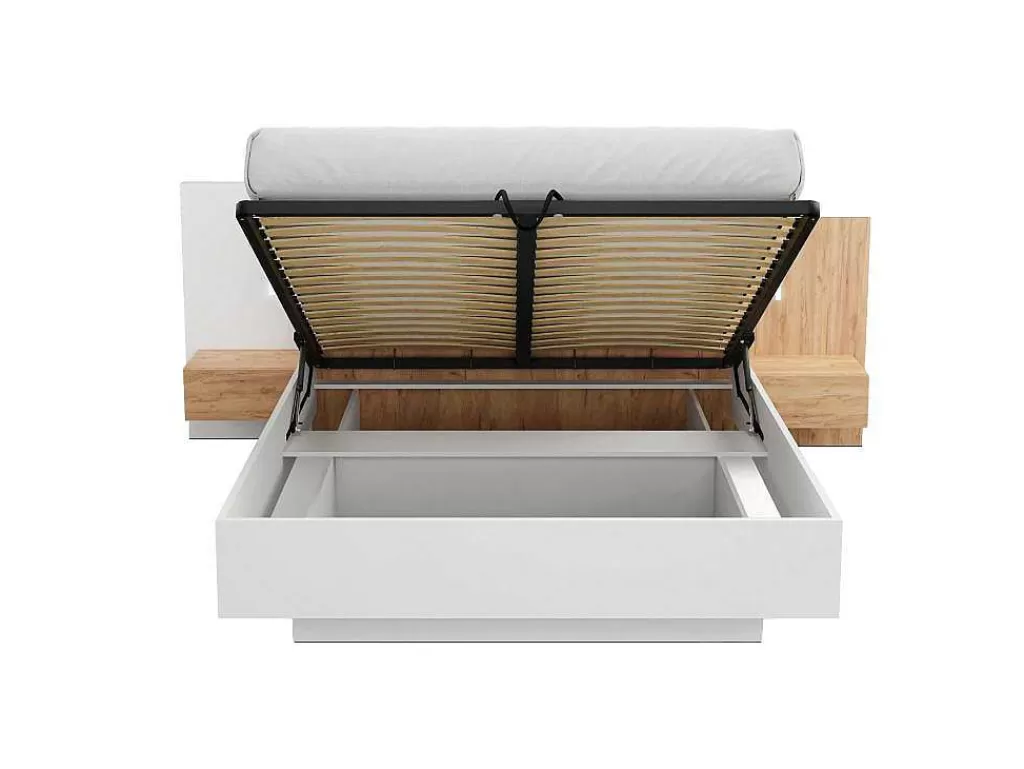 Cama De Adulto*Vente-unique Cama Com Arrumação E Mesas De Cabeceira 160 X 200 Cm, 2 Gavetas, Com Leds, Branco E Natural + Colchão - Francoli