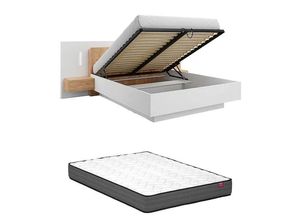 Cama De Adulto*Vente-unique Cama Com Arrumação E Mesas De Cabeceira 160 X 200 Cm, 2 Gavetas, Com Leds, Branco E Natural + Colchão - Francoli