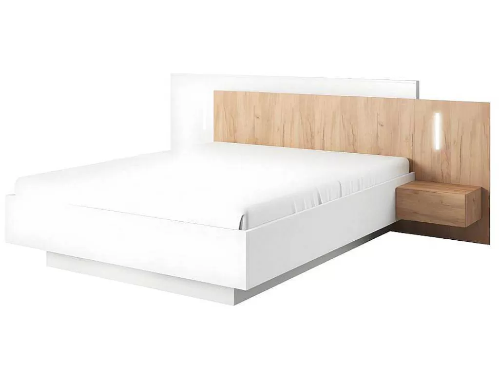 Cama De Adulto*Vente-unique Cama Com Arrumação E Mesas De Cabeceira 160 X 200 Cm, 2 Gavetas, Com Leds, Branco E Natural - Francoli