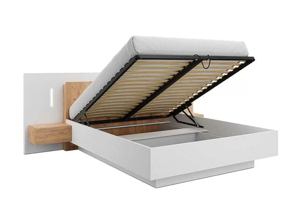 Cama De Adulto*Vente-unique Cama Com Arrumação E Mesas De Cabeceira 160 X 200 Cm, 2 Gavetas, Com Leds, Branco E Natural - Francoli