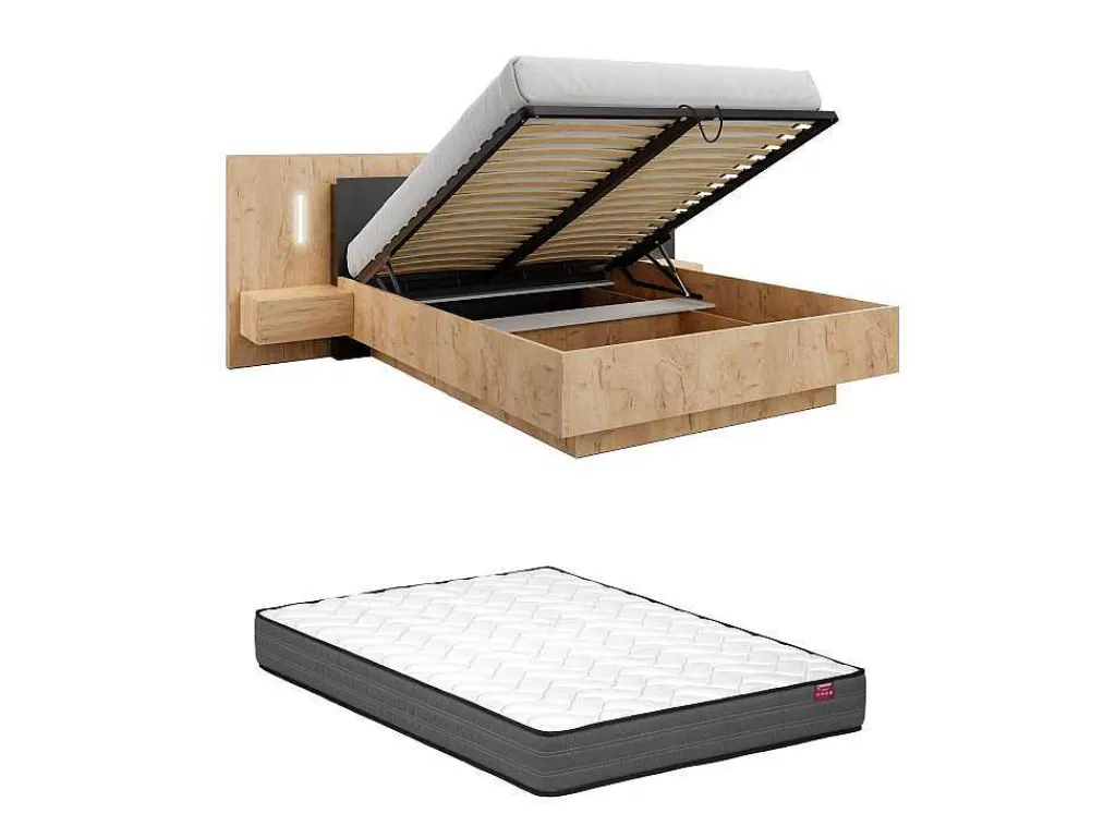 Cama De Adulto*Vente-unique Cama Com Arrumação E Mesas De Cabeceira 160 X 200 Cm, 2 Gavetas, Com Leds, Natural E Antracite + Colchão - Francoli