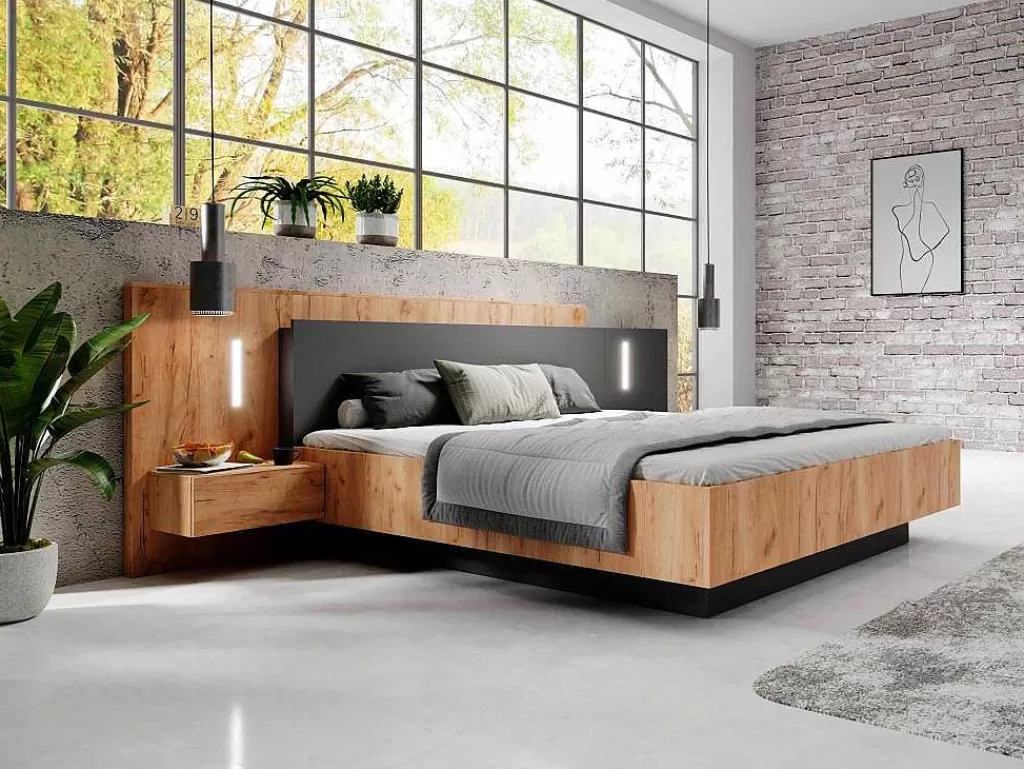 Cama De Adulto*Vente-unique Cama Com Arrumação E Mesas De Cabeceira 160 X 200 Cm, 2 Gavetas, Com Leds, Natural E Antracite - Francoli