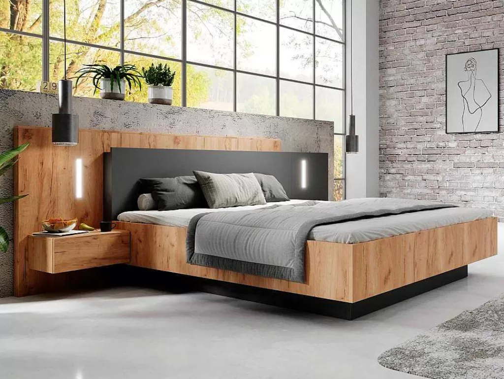 Cama De Adulto*Vente-unique Cama Com Arrumação E Mesas De Cabeceira 160 X 200 Cm, 2 Gavetas, Com Leds, Natural E Antracite - Francoli