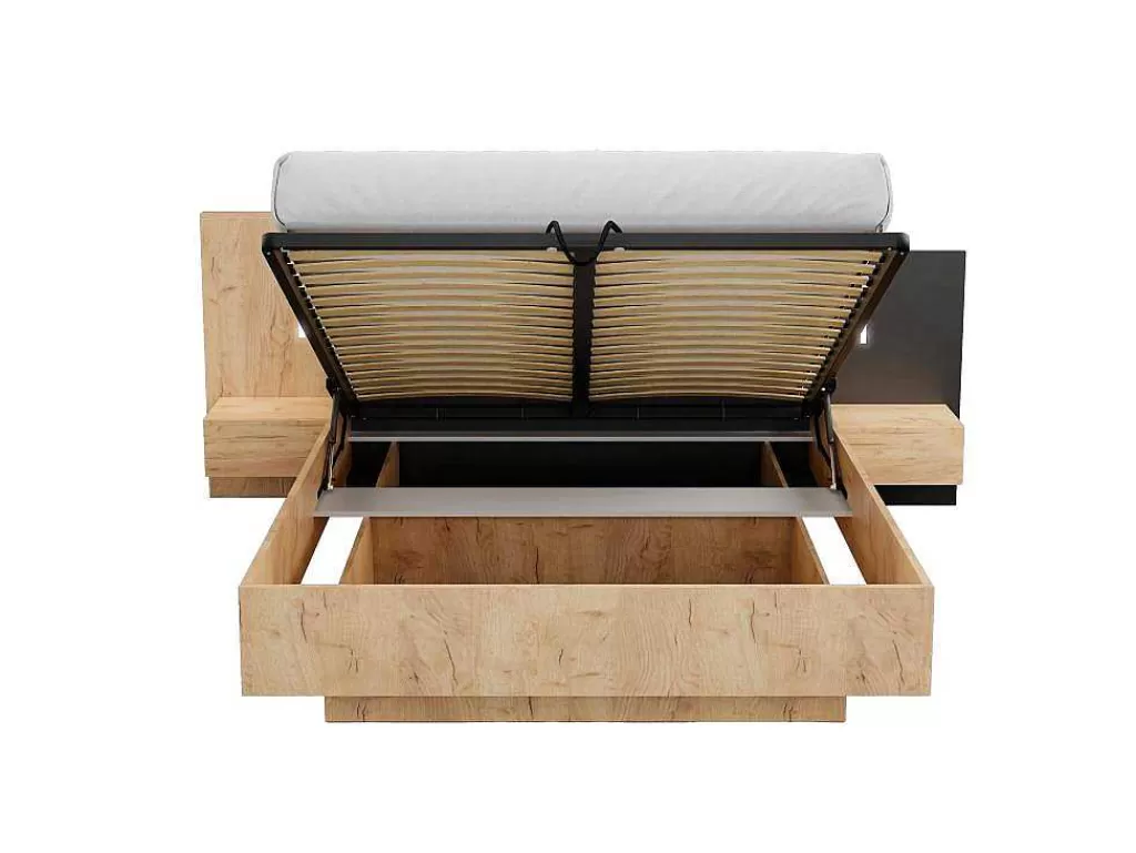Cama De Adulto*Vente-unique Cama Com Arrumação E Mesas De Cabeceira 160 X 200 Cm, 2 Gavetas, Com Leds, Natural E Antracite - Francoli