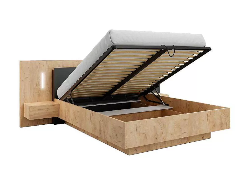 Cama De Adulto*Vente-unique Cama Com Arrumação E Mesas De Cabeceira 160 X 200 Cm, 2 Gavetas, Com Leds, Natural E Antracite - Francoli