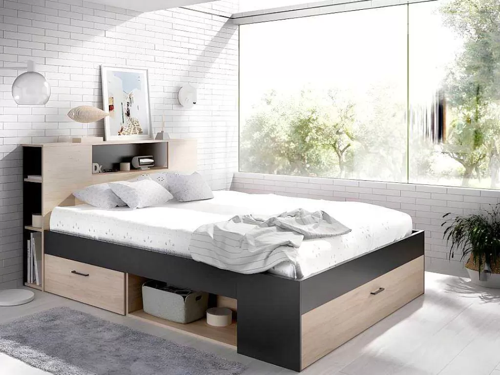 Cama De Adulto*Vente-unique Cama Com Cabeceira De Arrumação E Gavetas Disponivel Em Natural E Antracite - 140X190Cm - Leandre