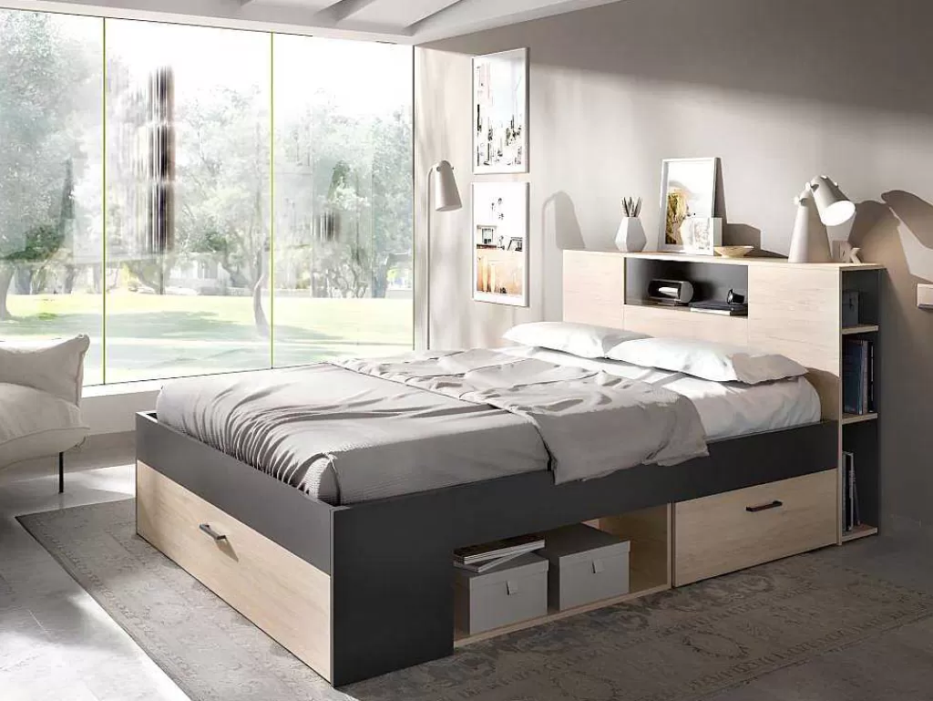 Cama De Adulto*Vente-unique Cama Com Cabeceira De Arrumação E Gavetas Disponivel Em Natural E Antracite - 140X190Cm - Leandre