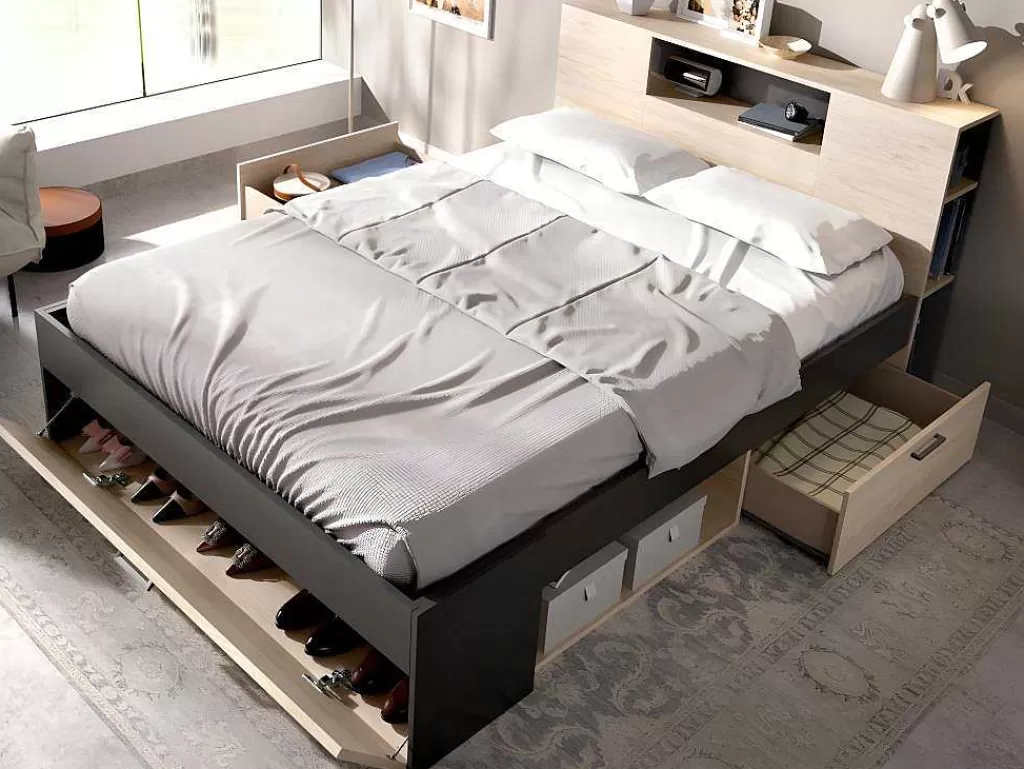 Cama De Adulto*Vente-unique Cama Com Cabeceira De Arrumação E Gavetas Disponivel Em Natural E Antracite - 140X190Cm - Leandre