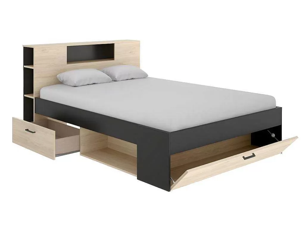 Cama De Adulto*Vente-unique Cama Com Cabeceira De Arrumação E Gavetas Disponivel Em Natural E Antracite - 140X190Cm - Leandre