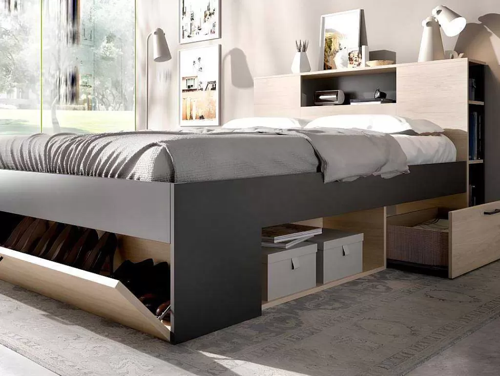 Cama De Adulto*Vente-unique Cama Com Cabeceira De Arrumação E Gavetas Disponivel Em Natural E Antracite - 140X190Cm - Leandre