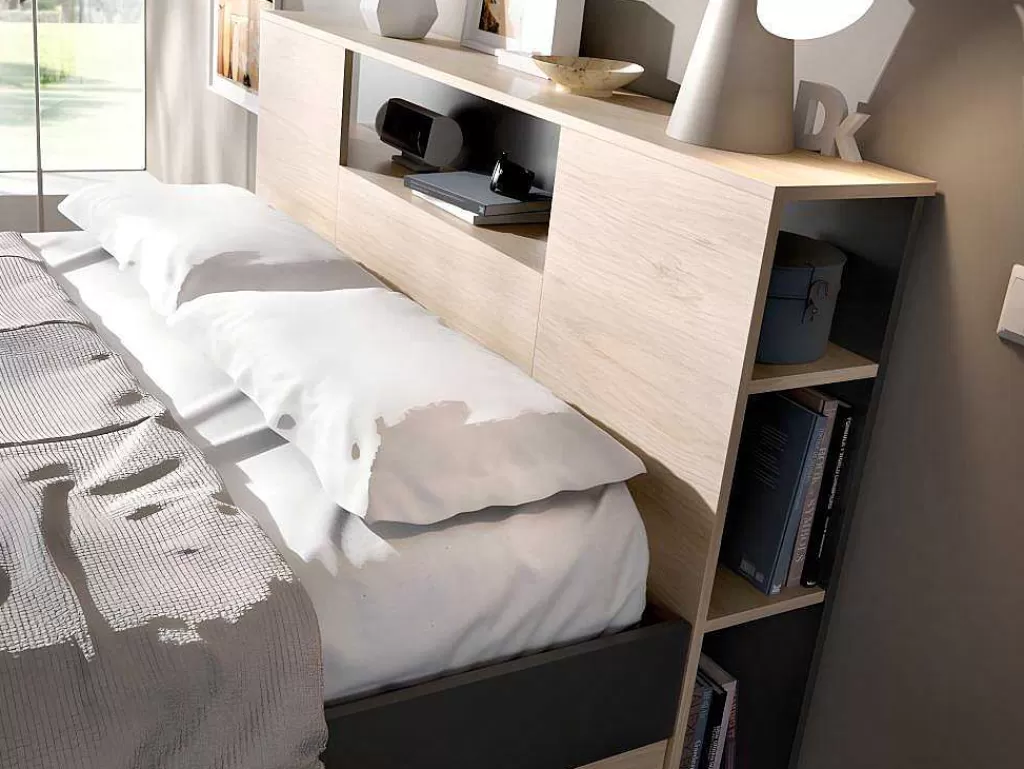 Cama De Adulto*Vente-unique Cama Com Cabeceira De Arrumação E Gavetas Disponivel Em Natural E Antracite - 140X190Cm - Leandre
