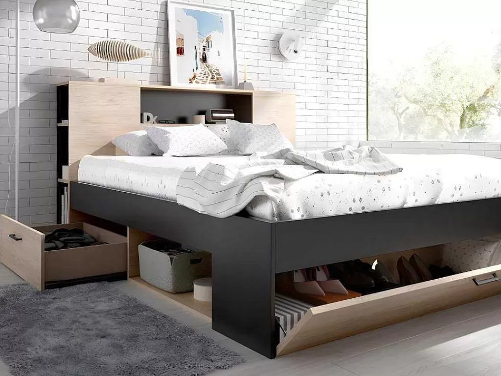 Cama Com Arrumação*Vente-unique Cama Com Cabeceira De Arrumação E Gavetas Disponivel Em Natural E Antracite - 160X200Cm - Leandre