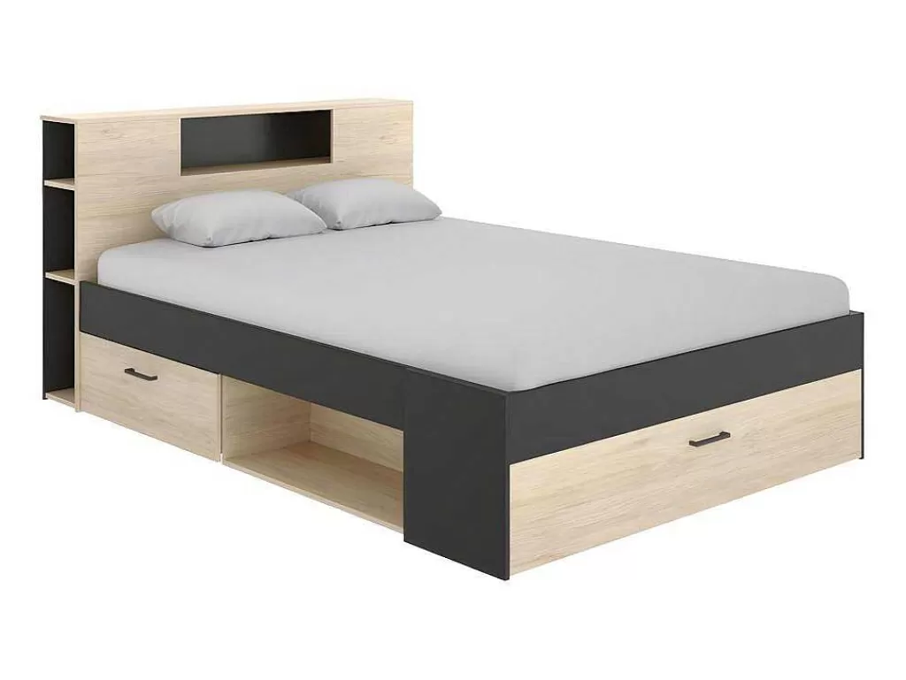 Cama Com Arrumação*Vente-unique Cama Com Cabeceira De Arrumação E Gavetas Disponivel Em Natural E Antracite - 160X200Cm - Leandre