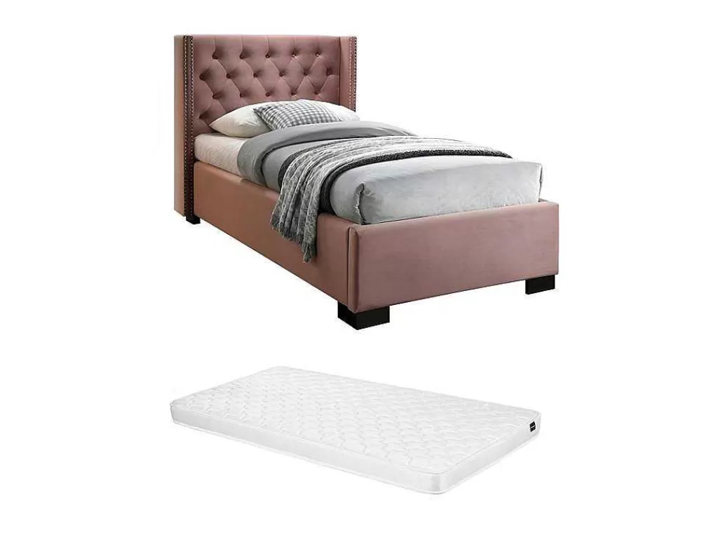 Cama Em Veludo*Vente-unique Cama Com Cabeceira De Cama Acolchoada 90 X 200 Cm Veludo Cor-De-Rosa + Colchão - Massimo Ii