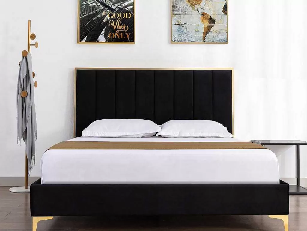 Cama Em Veludo*Vente-unique Cama Com Cabeceira De Cama Com Costuras Verticais De 160 X 200 Cm Em Veludo Cor Preto E Dourado - Clarisse