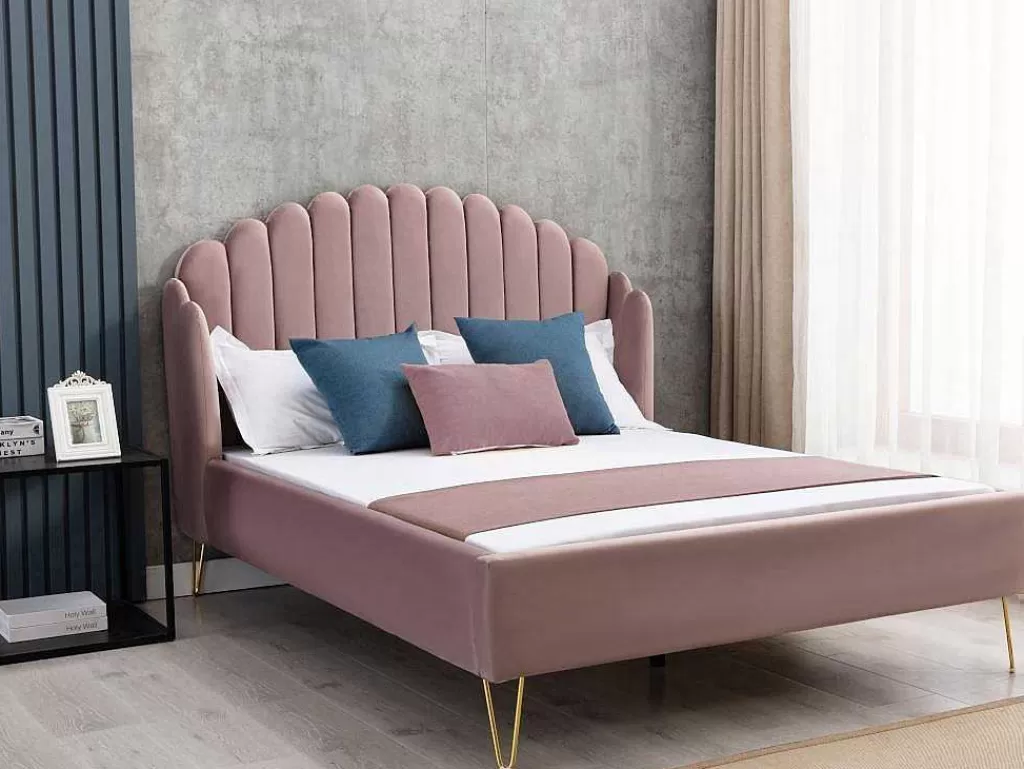 Cama Em Veludo*Vente-unique Cama Com Cabeceira De Cama Ondulada De 140 X 190 Cm Em Veludo Cor-De-Rosa Velho - Sagali